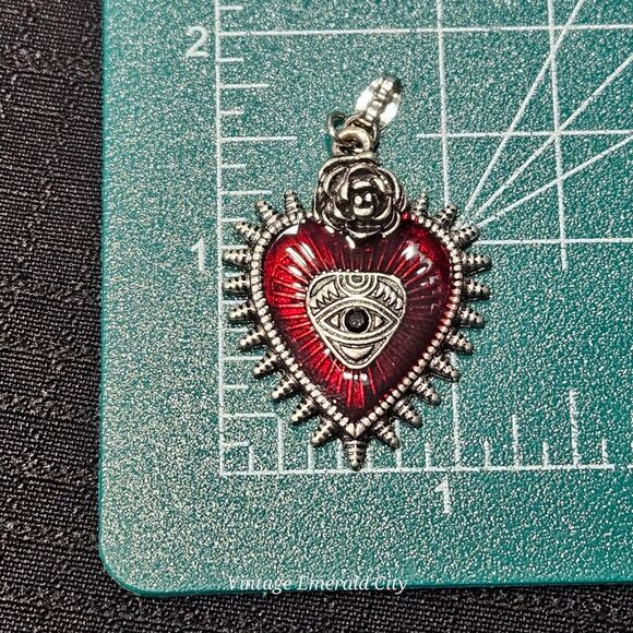 Love All Seing Dangle Earrings Rose & Heart Spikes Mystical Eye Red Enamel Goth - Picture 10 of 15